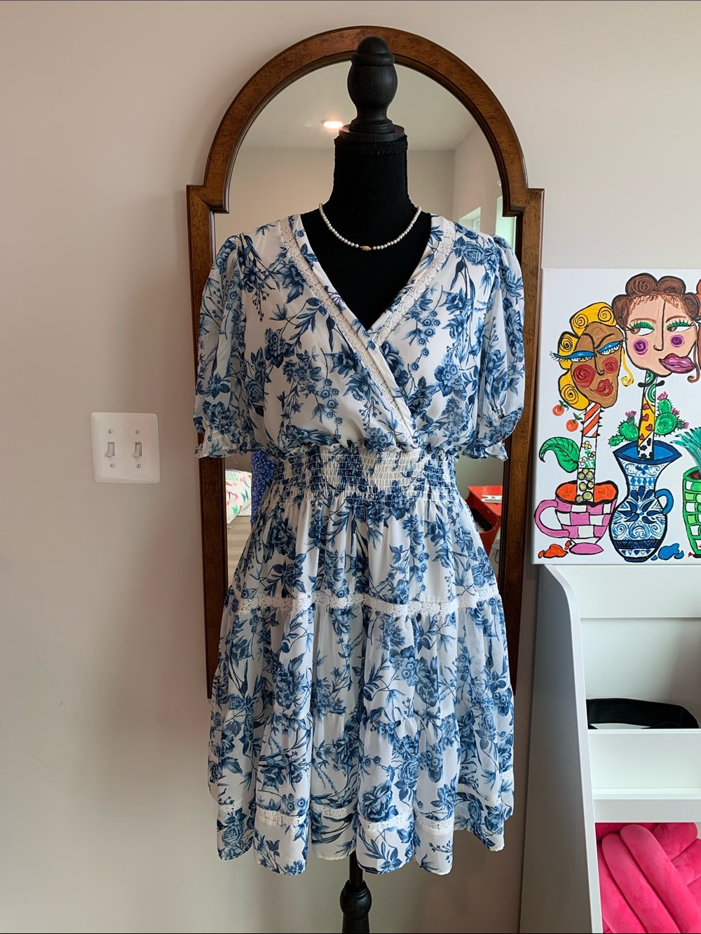 Taylor White Dress with Blue Floral Print